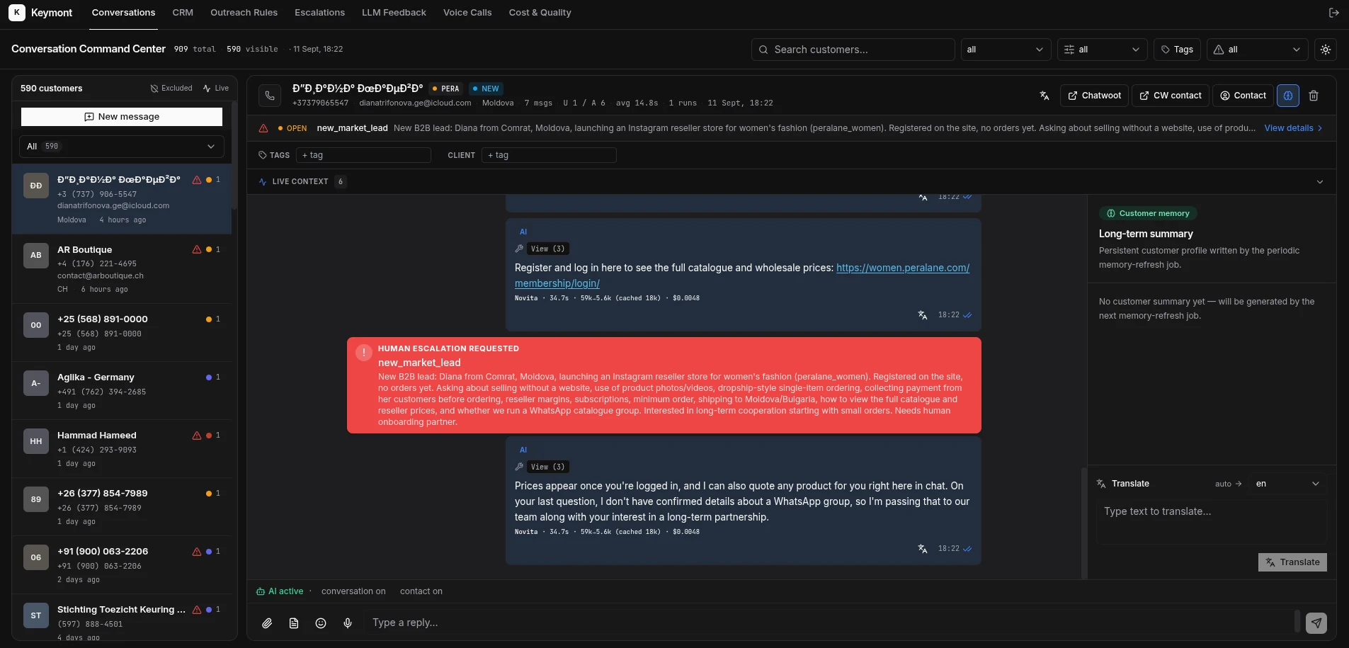 Conversation Command Center: canlı WhatsApp görüşmeleri, müşteri hafızası ve insana devir uyarısı